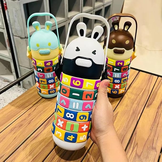 Cute Bunny Kids Water Bottle with Number Puzzle Rings | Educational Sipper Bottle for School & Travel