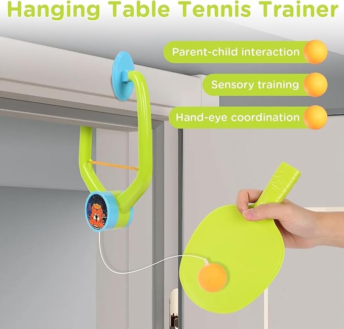 Hanging Table Tennis Trainer for Kids – Indoor Ping Pong Practice Set with Rackets & Balls