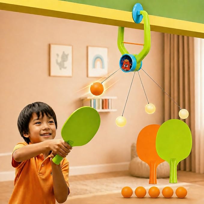 Hanging Table Tennis Trainer for Kids – Indoor Ping Pong Practice Set with Rackets & Balls