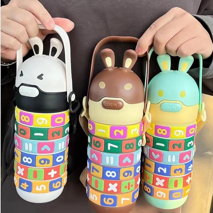 Cute Bunny Kids Water Bottle with Number Puzzle Rings | Educational Sipper Bottle for School & Travel