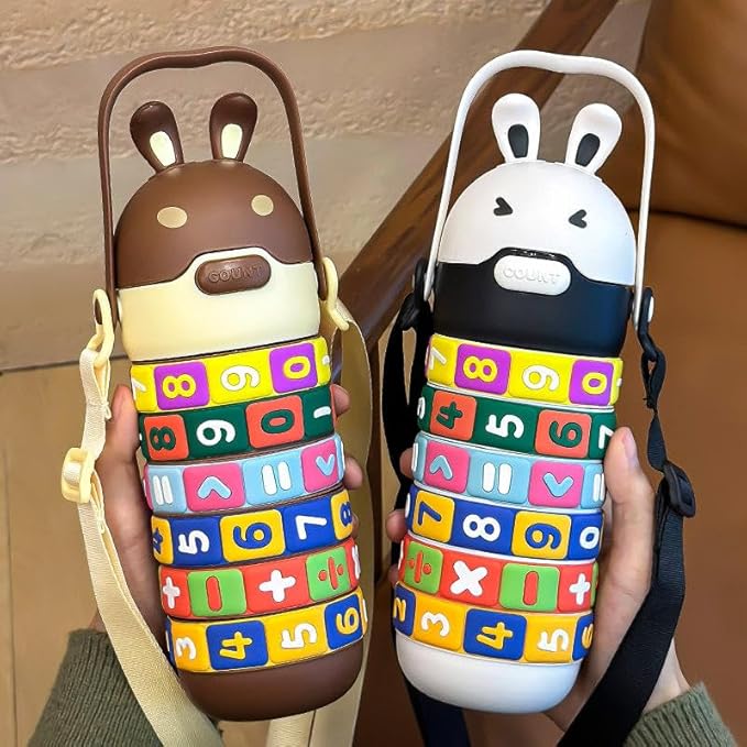 Cute Bunny Kids Water Bottle with Number Puzzle Rings | Educational Sipper Bottle for School & Travel