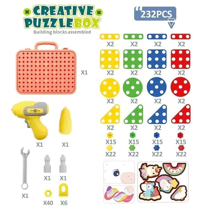 232 PCS DIY Creative Puzzle Drill Set for Kids | Educational Construction Building Toy Kit with Carry Case
