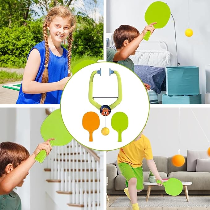 Hanging Table Tennis Trainer for Kids – Indoor Ping Pong Practice Set with Rackets & Balls