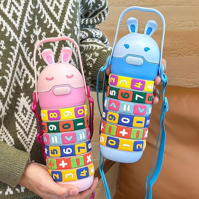Cute Bunny Kids Water Bottle with Number Puzzle Rings | Educational Sipper Bottle for School & Travel